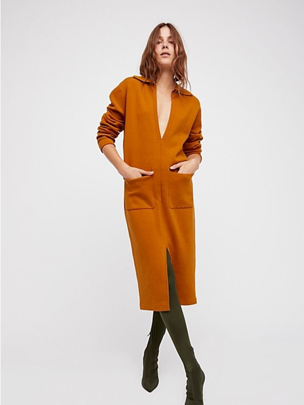 Free People Rust Elegant Knit Sweater Midi Dress with Front Slit Sz Small